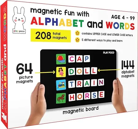 Magnetic Fun with Alphabet and Words with 64 Picture Magnets 144 Letter Magnets Magnetic Board and Spelling Guide