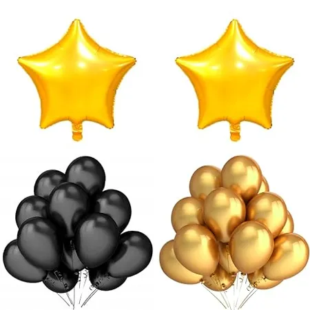 MezoKart Pack of 50 Metallic Latex Balloon 12 Inch for Birthday Anniversary and Party Decoration 2 Golden Star Golden Black 