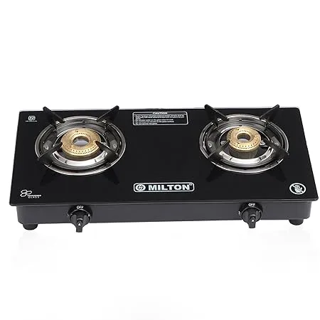 Milton Premium Pro 2 Burner Auto Ignition Gas Stove with High Powered Brass Burner Cooktop Powder Coated Frame Sleek Knobs 2 Durable Pan Support 1 Year Warranty ISI Certified Black