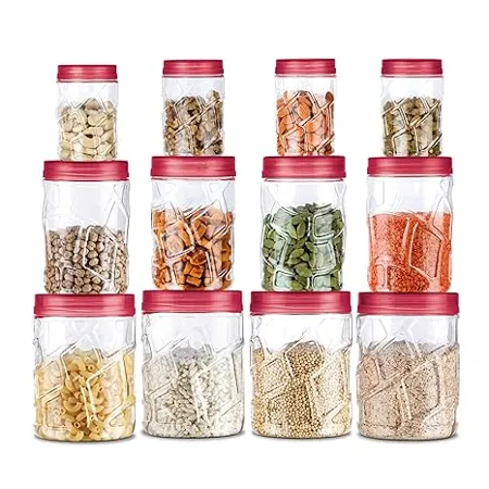 Milton Vitro Plastic Pet Storage Jar and Container Set of 12 4 pcs x 270 ml Each 4 pcs x 665 ml Each 4 pcs x 1 24 ltrs Each Red Wine Air Tight Kitchen Organiser BPA Free Modular Stackable