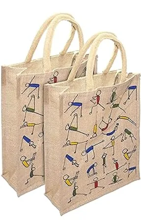 Mist Jute Yoga Print Eco Friendly Bag 14 5x5x12 inches Beige 2PK 14 5x5x12 YogaPrint Jute Bag Beige Pack of 2 2 