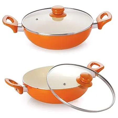 NIRLON Ceramic Induction Base Non Stick Aluminium Kadhai Set with Glass Lid Orange