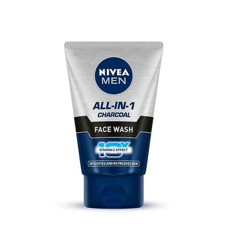 NIVEA MEN All in 1 Charcoal Face Wash 100 g With Charcoal Mulethi Mint for complete detox in Summer 10 X Vitamin C Effect for Radiant Skin For detoxified and refreshed skin