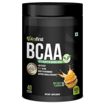 Nutrafirst Natural Bcaa Supplement For Men 400Gms 40 Servings Mixed Fruit Flavour For Pre Post Intra Workout 2 1 1 Ratio Of Leucine Isoleucin Pack Of 1 Powder