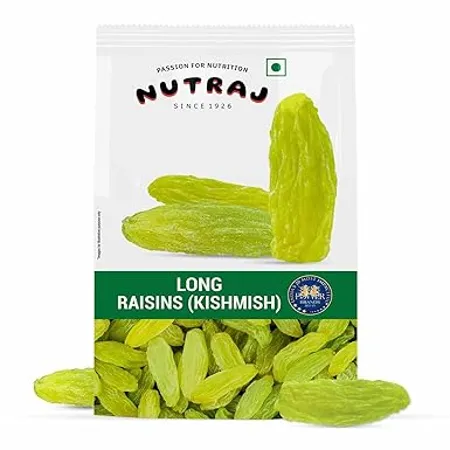 Nutraj Long Raisin 500g Kishmish Super Rich in Iron Vitamin B Seedless Green Kishmish Healthy Snacks Dry Fruits Healthy and Tasty Snacks