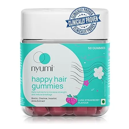 Nyumi Biotin Happy Hair Gummies For Stronger Shinier Hair Nails Reduces Hair Fall with High Potency Biotin Amla Zinc Folic Acid Vitamin C E B12 30 Days Pack Pack of 50 Gummies