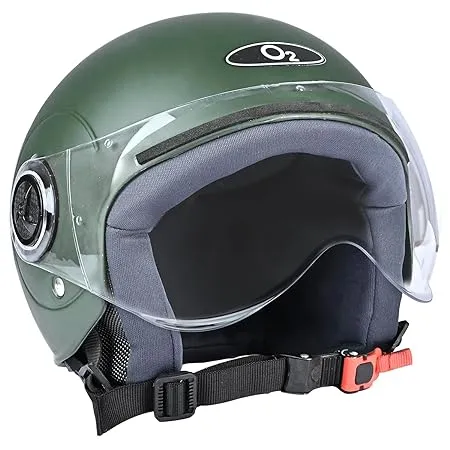 O2 Open Face Half face Helmet Unisex for Bike Women Men ISI Certified with Clear Visor Smooth Finish Lightweight Compact Matt Green 580mm Medium 