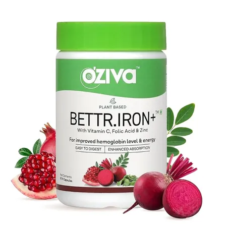 OZiva Bettr Iron Plant Based Iron Vitamin C Folic Acid Zinc Moringa for Improved Hemoglobin Oxygen Binding Immunity Iron Supplements Certified Vegan 60 capsules