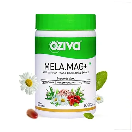 OZiva Mela Mag 10mg Melatonin Magnesium Vitamin B6 with Valerian Root Chamomile Extract for Healthy Deep sleep 60 Veg Capsules Green