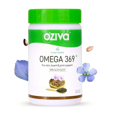OZiva Plant Based Omega 3 6 9 Multivitamin Supplement for Men Women 1000 mg Vegan Omega Oil Concentrate with Flaxseed Blackseed Oil Fatty Acids for Skin Heart Joint Support 60 Veg Capsules Green