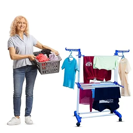 PENG ESSENTIALS Heavy Duty Mild Steel Double Pole Foldable Cloth Dryer Stands Clothes Drying Stand 2 Layer Pole FlexiFold Clothes Stand for Drying