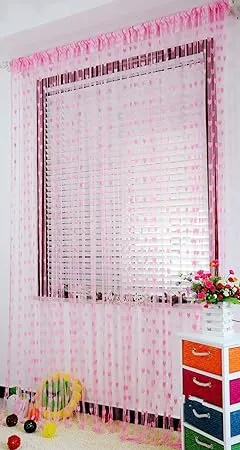 PINDIA 6 feet Set of 2 Baby Pink String Net Heart Design Door Window Curtain