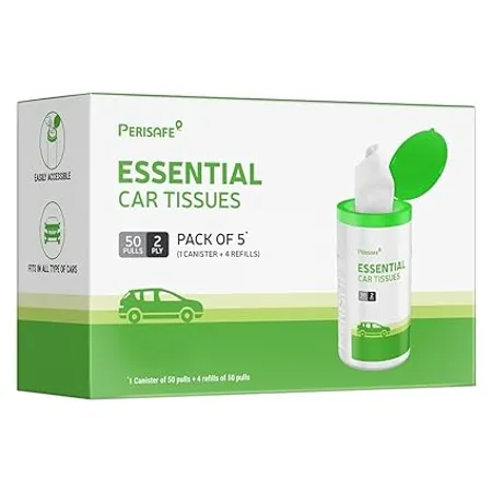 Perisafe Essential Car Tissues Pack of 5 50 pulls 2 ply 250 pulls Fits in all type of Car Cup Holder Easily Accessible Soft Eco friendly Chemical free 1 Canister of 50 pulls 4 refill