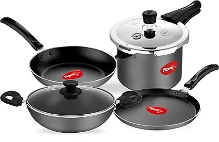 Pigeon by Stovekraft Vibrant Hard Anodised Cooker Cookware Combo 5 in 1 2 5L HA Cooker with SS Lid Tawa Kadai Fry Pan 