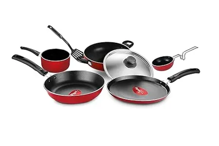 Pigeon by Stoverkraft Non Stick Cookware Set of 7 Pc w o Induction Base Includes Nonstick Tawa 23cm Nonstick Fry Pan 24cm Nonstick Kadhai with Stainless Steel Lid 24cm Nonstick Sauce Red Standard