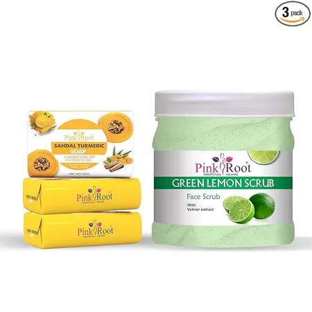 Pink Root Sandal Turmeric Soap 100gm Pack Of 3 with Green Lemon Scrub 500ml