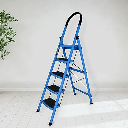 Plantex Premium Steel Foldable 5 Step Ladder for Home Wide Anti Skid Step Ladder Blue Black 