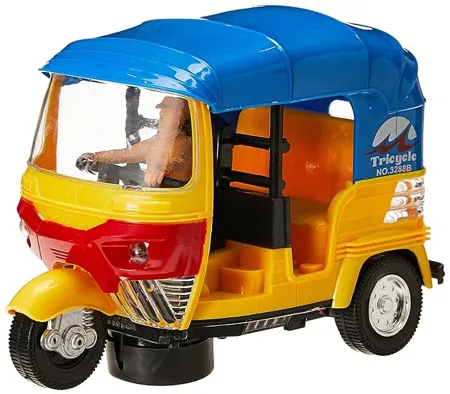 PoPo Toys Auto Rickshaw 360 Degree Rotation Acousto Optic Toy Dancing Toy with 5D Lights Music Bump Go Functions Multicolor