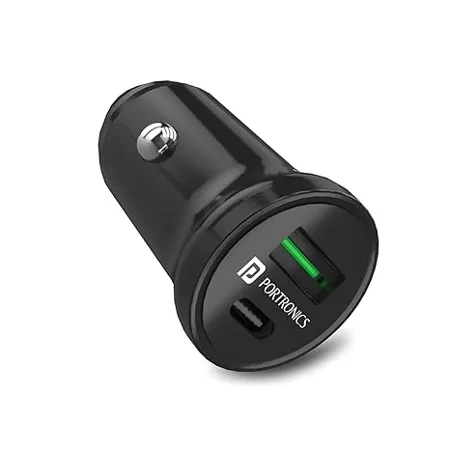 Portronics CarPower Mini Car Charger with Dual Output Fast Charging Type C PD 18W Mach USB A Compatible with All Smartphones Black 