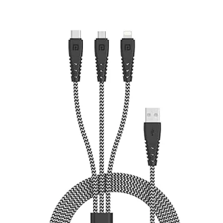 Portronics Konnect Spydr 31 3 in 1 Multi Functional Cable with 3 0A Total Output Tangle Resistant 1 2M Length Nylon Braided Zebra 