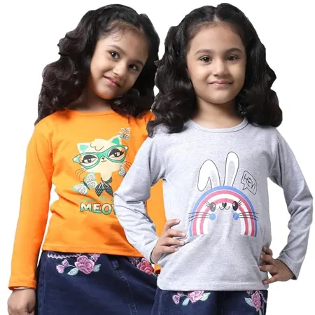 Preneum Kids Girls Cotton Full Sleeves T Shirt Pack of 2 Super Girl G1 