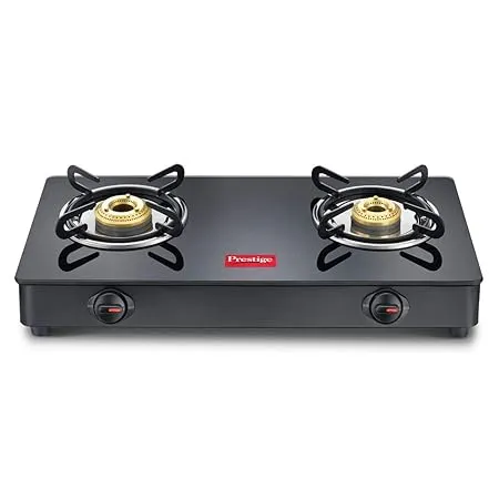 Prestige IRIS Toughened Glass Top 2 Brass Burner LPG Gas Stove Black Spill Proof Ergonomic Knobs Tri Pin Brass Burners