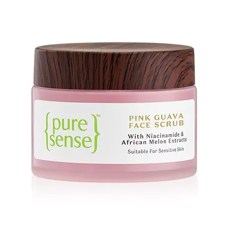 PureSense Pink Guava Face Scrub with Niacinamide African Melon Gentle Exfoliation for a Clear Glowing Skin Tan removal Suitable for Dry Oily Sensitive Acne Prone Skin 50g