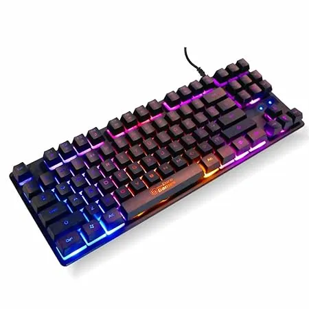 RPM Euro Games Gaming Keyboard Wired 87 Keys Space Saving Design Membrane Keyboard with Mechanical Feel LED Backlit Spill Proof Design