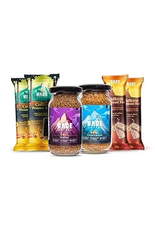 Rage Coffee Combo Pack of Flavoured Instant Coffee Original Coffee Creme Caramel Peanut bar Pack of 2 Almond Bar Pack of 2 Made Using Premium Arabica Coffee Virat Combo 100g 