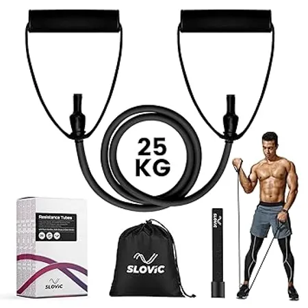 Resistance Tube by SLOVIC 1 Year Warranty with 30 Exercise E Guide Foam Handle Suitable for Home and Gym for Men and Women Multipurpose Resistance Tube Band Black 25kg 