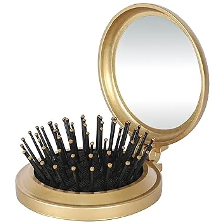Ross Compact Pop up Hair Brush with Foldable Mirror Gold 