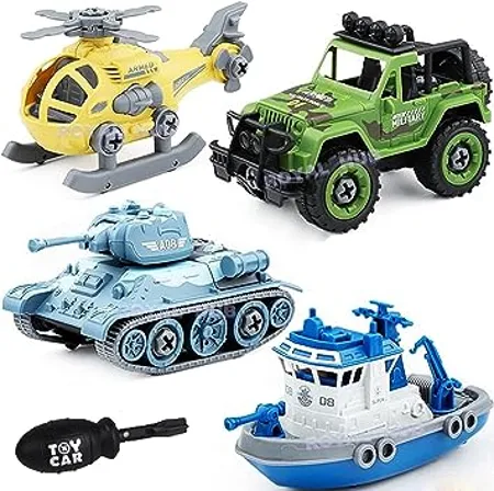 Royal Hub DIY Military Army Car Toy 4 Pack with 1 Screwdriver Tools Kids STEM Toys Including 1 Helicopter 1 Jeep 1 Tank and 1 Boat for Toddlers Age 3 6 Birthday Gifts for Boys 2 3 4 5 6 Year Old