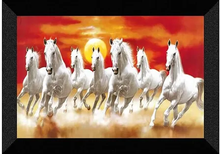 SAF 7 Running Horses with Sunrise UV Teatured Digital Reprint Framed Painting 11 inch X 14 inch SANFK53