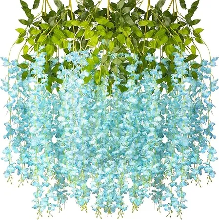 SATYAM KRAFT 6 Pcs 43 2 inch Artificial Wisteria Vine Ratta Fake Wisteria Hanging Garland Silk Long Hanging Bush Flowers String for Home Decor Diwali Decoration Sky 