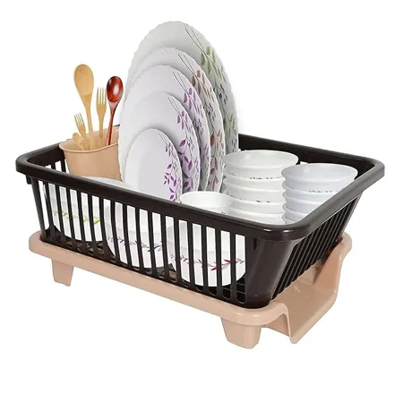 SIMPARTE Plastic Durable Kitchen Drainer Dish Rack Organizer Drying Tray Dish Rack with Drying Tray Brown Beige 45 x 32 x 18 cm Dish Rack Br B 