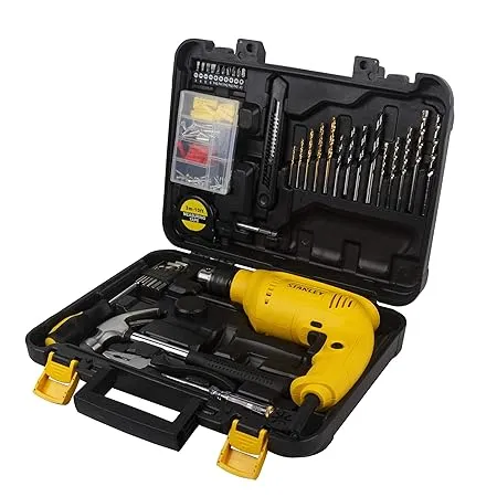 STANLEY SDH550KP 550W 10mm Corded Single Speed Hammer Drill Machine and Hand Tool Kit 120 Pieces Includes Hammer Drill Measurement Tape Drill Bits Hammer 1 Year Warranty YELLOW BLACK