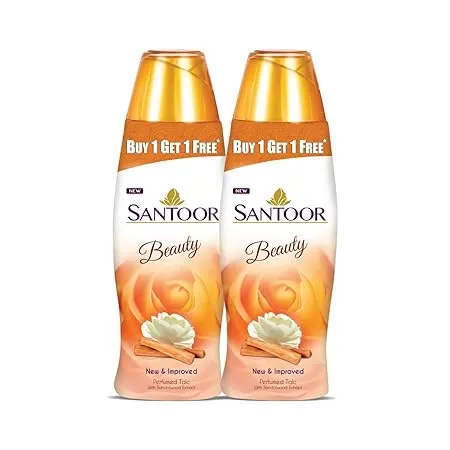 Santoor Beauty Perfumed Talc with Sandalwood Extracts Sandal Rose Musk Geranium Mint Fragrance Absorbs Excess Moisture Dermatologically Tested For All Skin Types 150g Pack of 2 