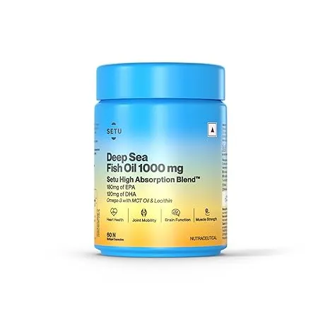 Setu Deep Sea Omega 3 Fish Oil 60 Softgel Capsules Pack of 1 Ultra Pure Marine Sourced 1000 mg 180mg EPA 120mg DHA For Brain Heart and Joint Health