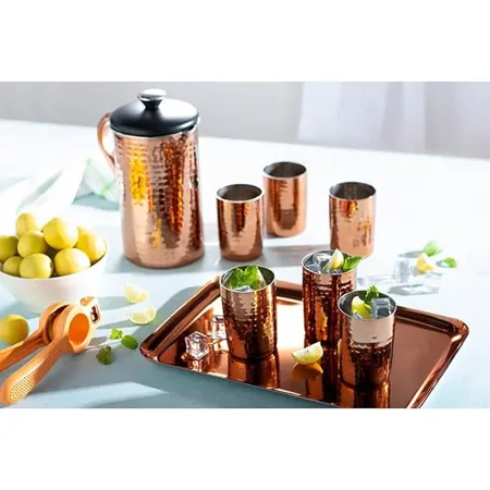 Steelcraft Premium Stainless Steel Copper Coated Water Pitcher Jug with Handle and Steel Lid 1 6L Multipurpose Premium Oliver Glasses 6 Pieces Lymun Set 8 Pcs