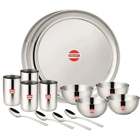 Steelcraft Premium Stainless Steel Farm Dinner Set 16 Pcs High Grade Quality with Silver Touch Finish Kitchen Set for Home Made in India Steel Colour