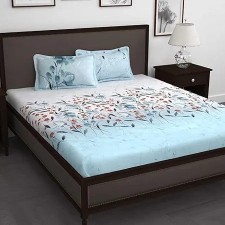 Story Home Forever Collection 210 TC Bedsheet King Size Bed Cotton with Two Pillow Covers White and Blue