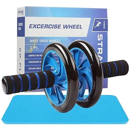 Strauss Double Wheel Ab Exerciser With Knee Mat Anti Skid Wheel Base Non Slip Foam Handles Dual Abdominal Exercise Core Workout Ideal For Home Workout for Abs Tummy Blue 