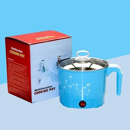 THEODORE Electric 1 8 Litre Mini Cooker Kettle with Glass Lid Base Concealed Base Cooking Pot Noodle Maker Egg Boiler hot Pot Vegetable and Rice Pasta PorridgeTravel Cookers and Steamer Blue