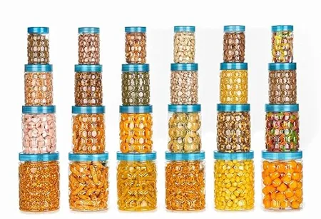 Tosaa Plastic Pet Storage Jar and Container Set of 24 6pcs x 250ml Each 6 pcs x 350ml Each 6 pcs x 650ml Each 6 pcs x 1 20ltrs Each Blue Air Tight Kitchen Organiser BPA Free Stackable