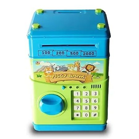 ToyMagic Kids Piggy Bank Battery Operated Mini Coin Bank with Automatic Door Open Electronics Security Lock Password Key Birthday Gift Money Saving Cash Deposit ATM for Kids Made in India Assorted