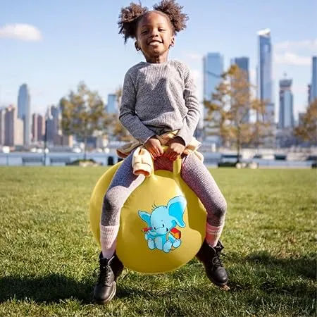 ToyMagic Sit Bounce Hop Ball 45cm 17 7 Inch Jumping Ball Bouncy Ball with Handle Indoor Outdoor Toy Best Birthday Gift for Boys Girls 3yr Made in India BIS Approved Yellow Color