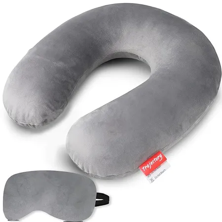 Trajectory Travel Neck Pillow Rest Cushion for Travel in Plane Flight Car Train Airplane with 2 Years Warranty for Sleeping for Men and Women Grey with Eye Mask 