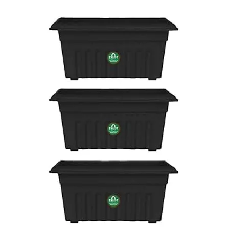 TrustBasket UV Treated Rectangular Plastic Planter 12 inches Black Color Set of 3 Heavy Duty Highly Durable Plant containerGamla for Indoor Home Decor Outdoor Balcony Garden