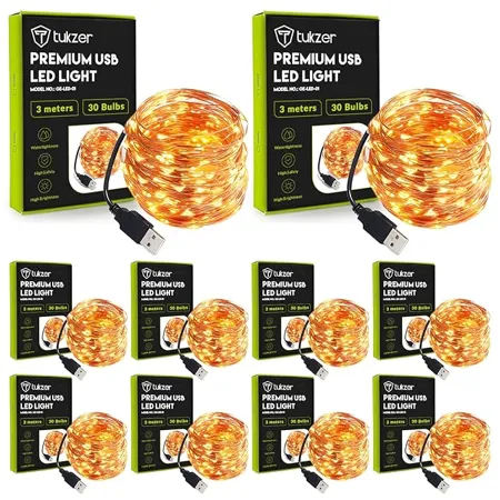 Tukzer Copper LED Fairy String Lights with USB High Brightness Low Power Consumption Indoor Outdoor Decoration Christmas Decor LED Strip Light for Party Light 3 Meter Warm White Pack of 10
