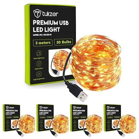 Tukzer Copper LED Fairy String Lights with USB High Brightness Low Power Consumption Indoor Outdoor Decoration Christmas Decor LED Strip Light for Party Light 3 Meter Warm White Pack of 5